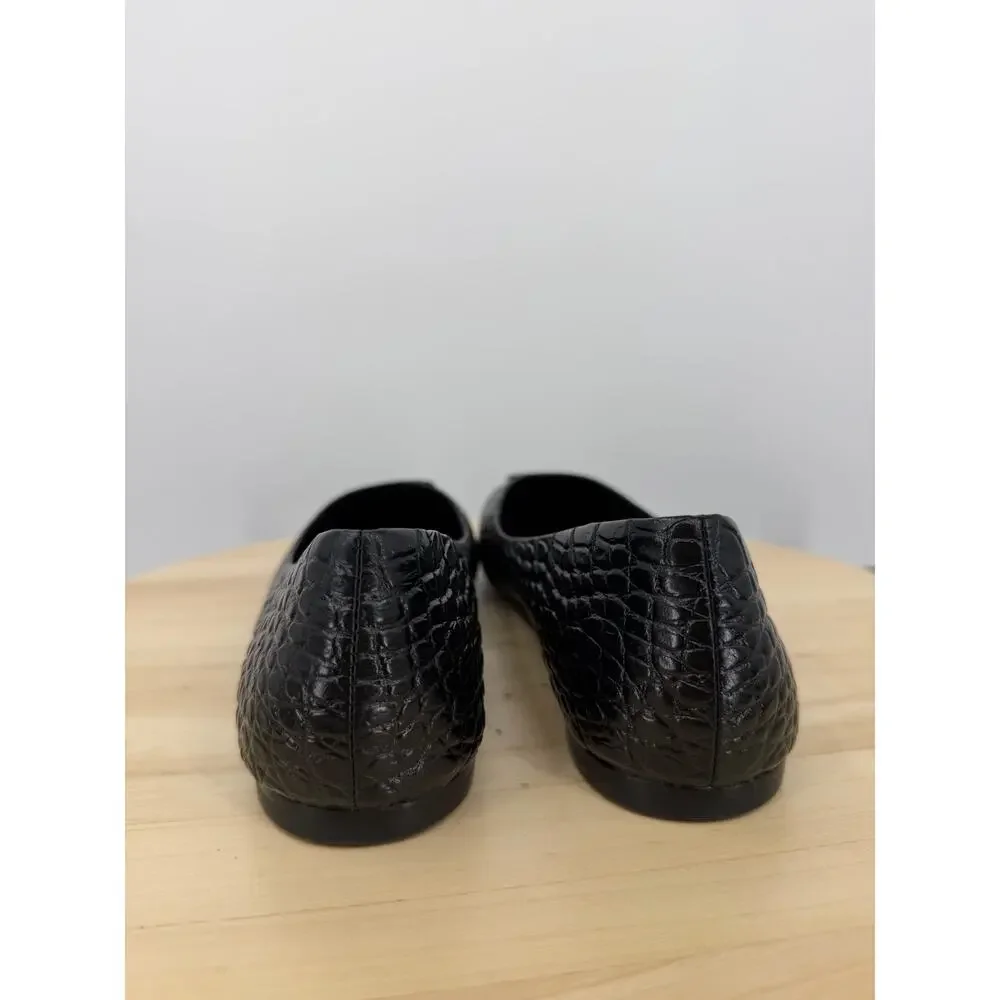 Tory Burch Georgia Ballet Flats 8M Black Croc Embossed Leather Logo Square Toe